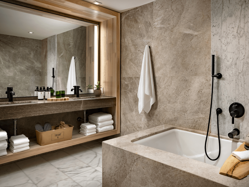 Rock slate bathroom with bathtub and double sinks