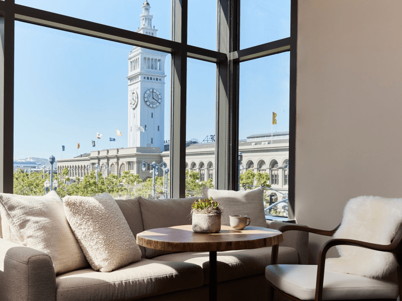 Seating area with a view of the Ferry Building
