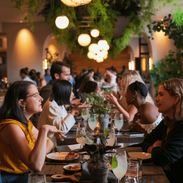 A lengthwise shot of the Terrene restaurant with full tables of people enjoying good food and company